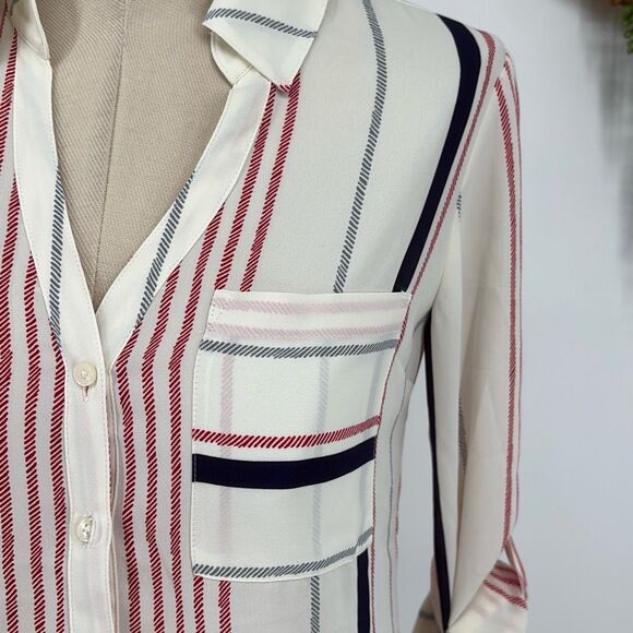 Express Women's Fortofino Shirt Slim Fit Long Roll Tab Sleeve Cream multi Stripe - Picture 6 of 14